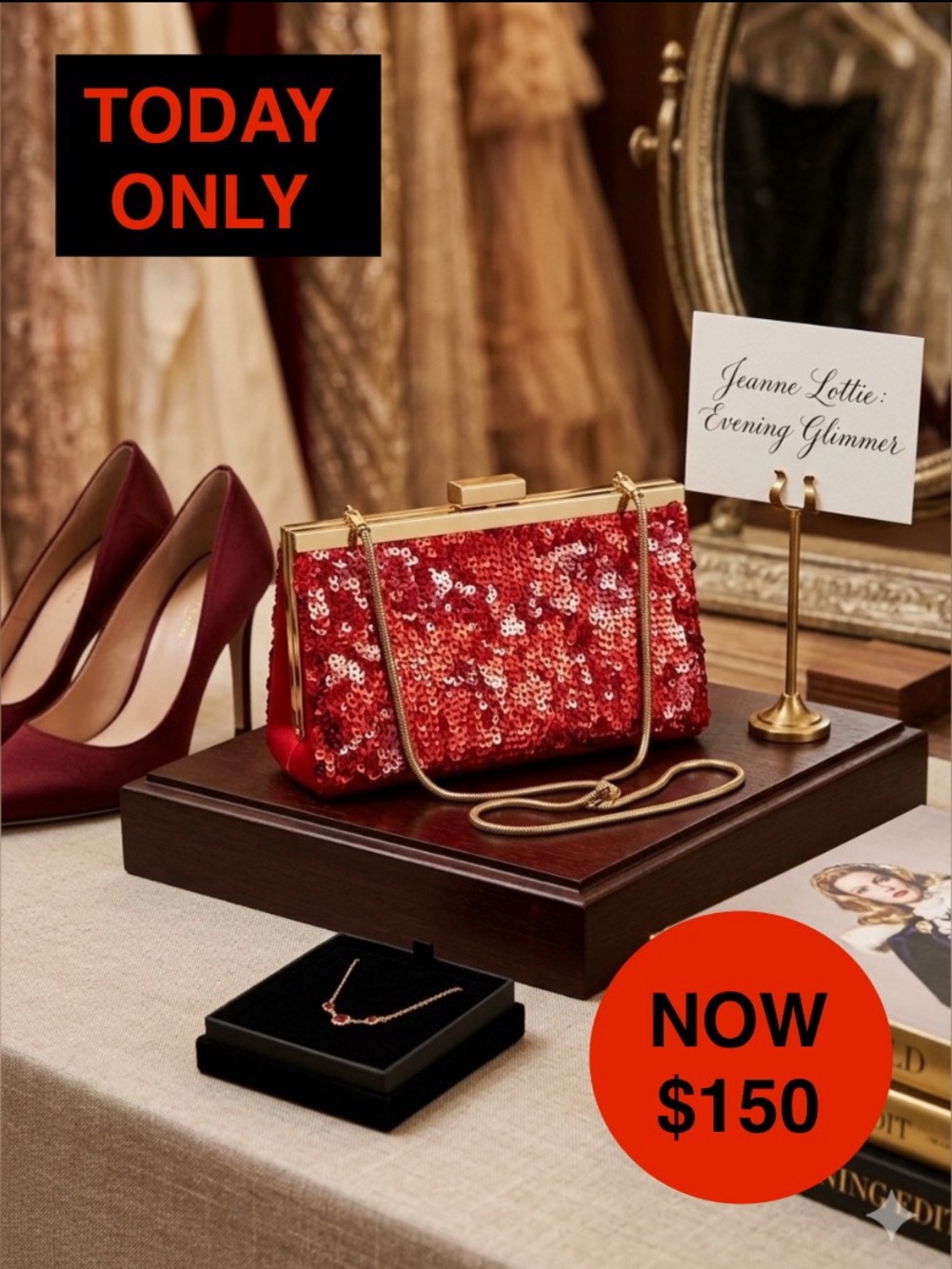 Authentic Jeanne Lottie Red Sequin Evening Clutch - Satin Back - GUC
AS IS
